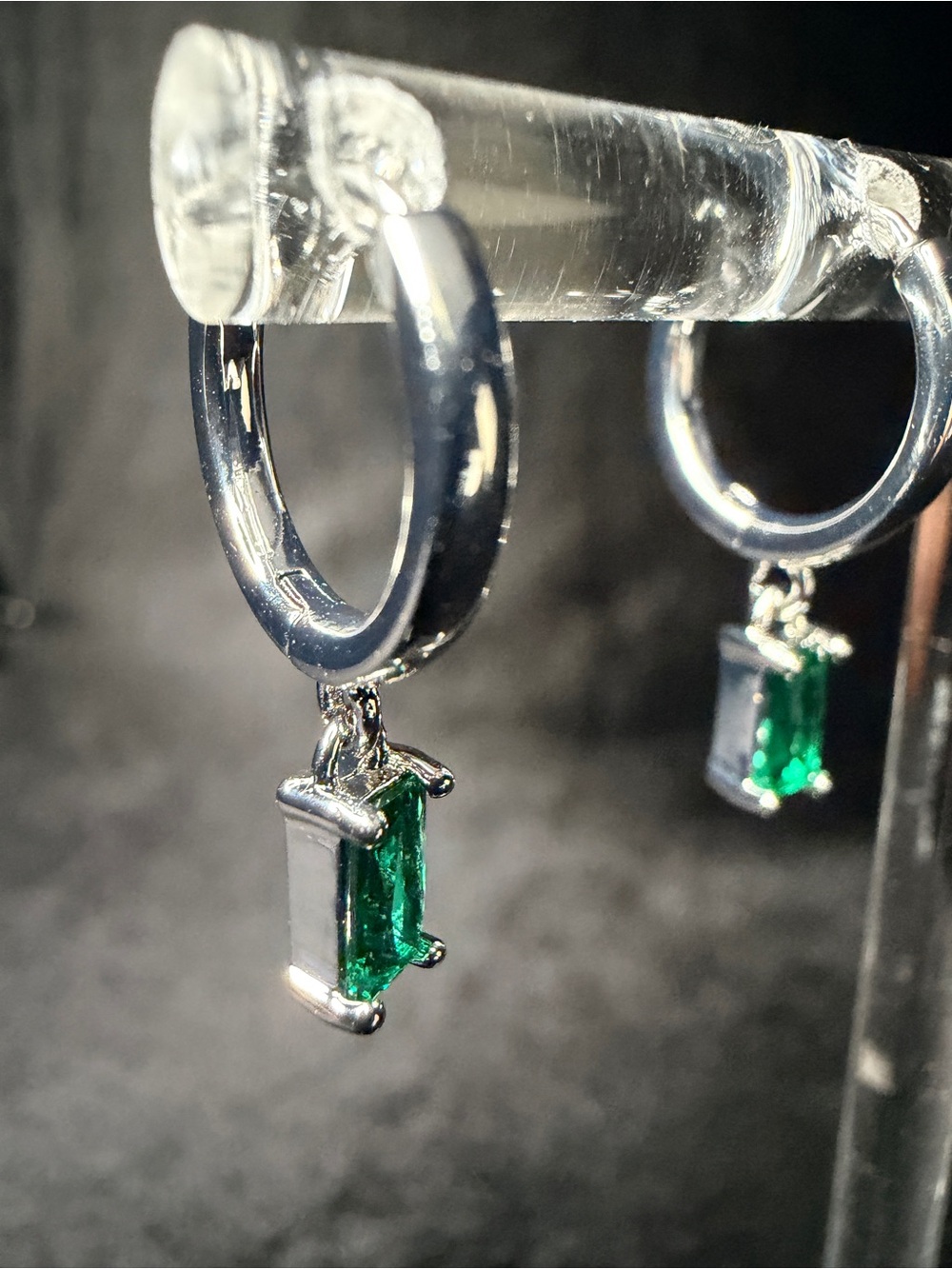 Silver Tone Hinged Hoop Earrings Green Emerald-Cut Prong Set Dangle Charms